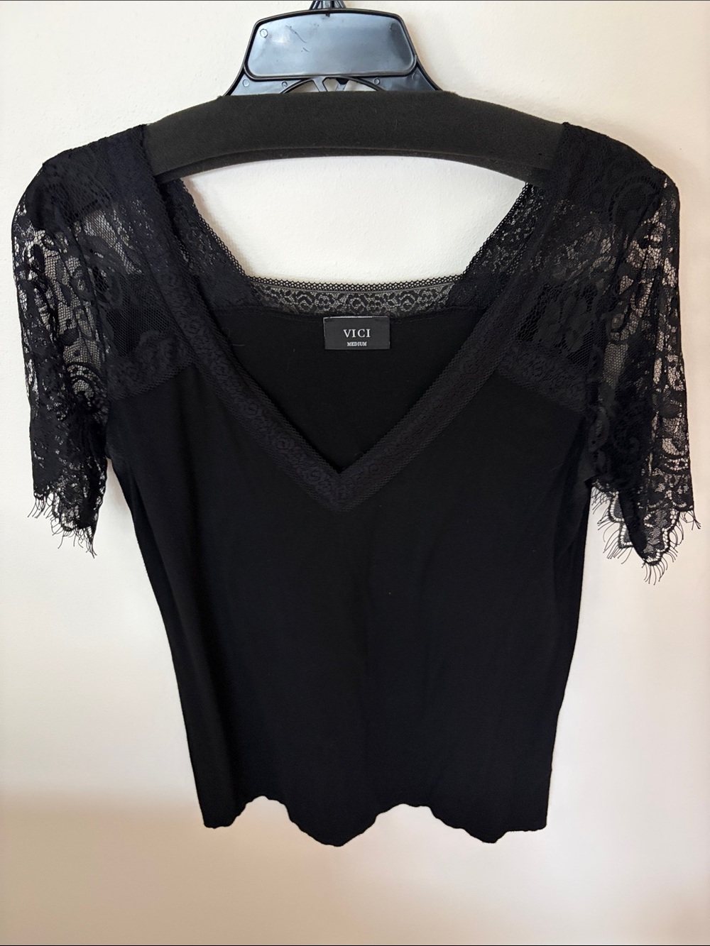 VICI Black Lace V-Neck Short Sleeve Tee